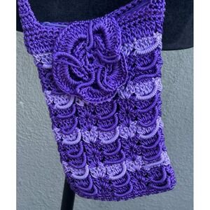Handmade Purple Crochet Crossbody Bag Floral Ombre Phone Pouch Boho Small Purse